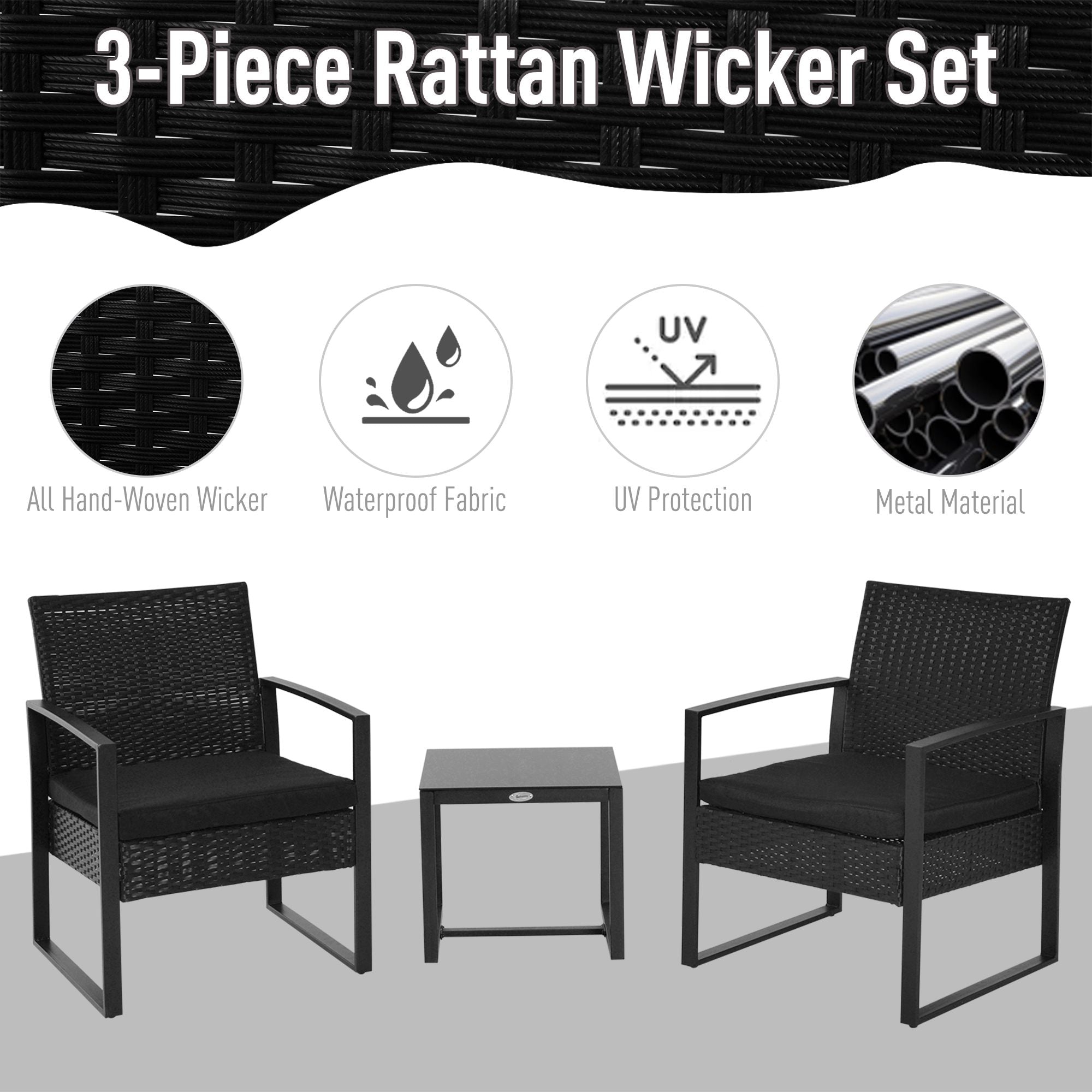 Outsunny 2 Seater Rattan Coffee Set-Black 
