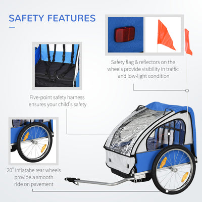 HOMCOM 2 Seat Bike Trailer Bicycle wagon for Kids Child Steel Frame Safety Harness Seat Carrier Hitch Coupler Blue White 130 x 76 x 88 cm 