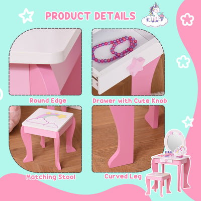 HOMCOM Kids Dressing Table with Mirror, Stool, Pink 