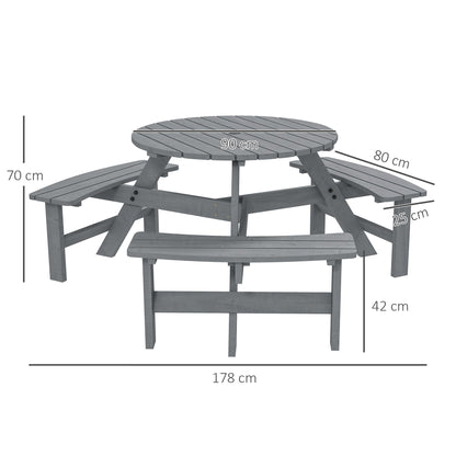 Outsunny 6 Seater Wooden Picnic Table and Garden Benches Set, Round Garden Dining Set with 3 Benches and Umbrella Hole Outdoor Garden Park, Grey 