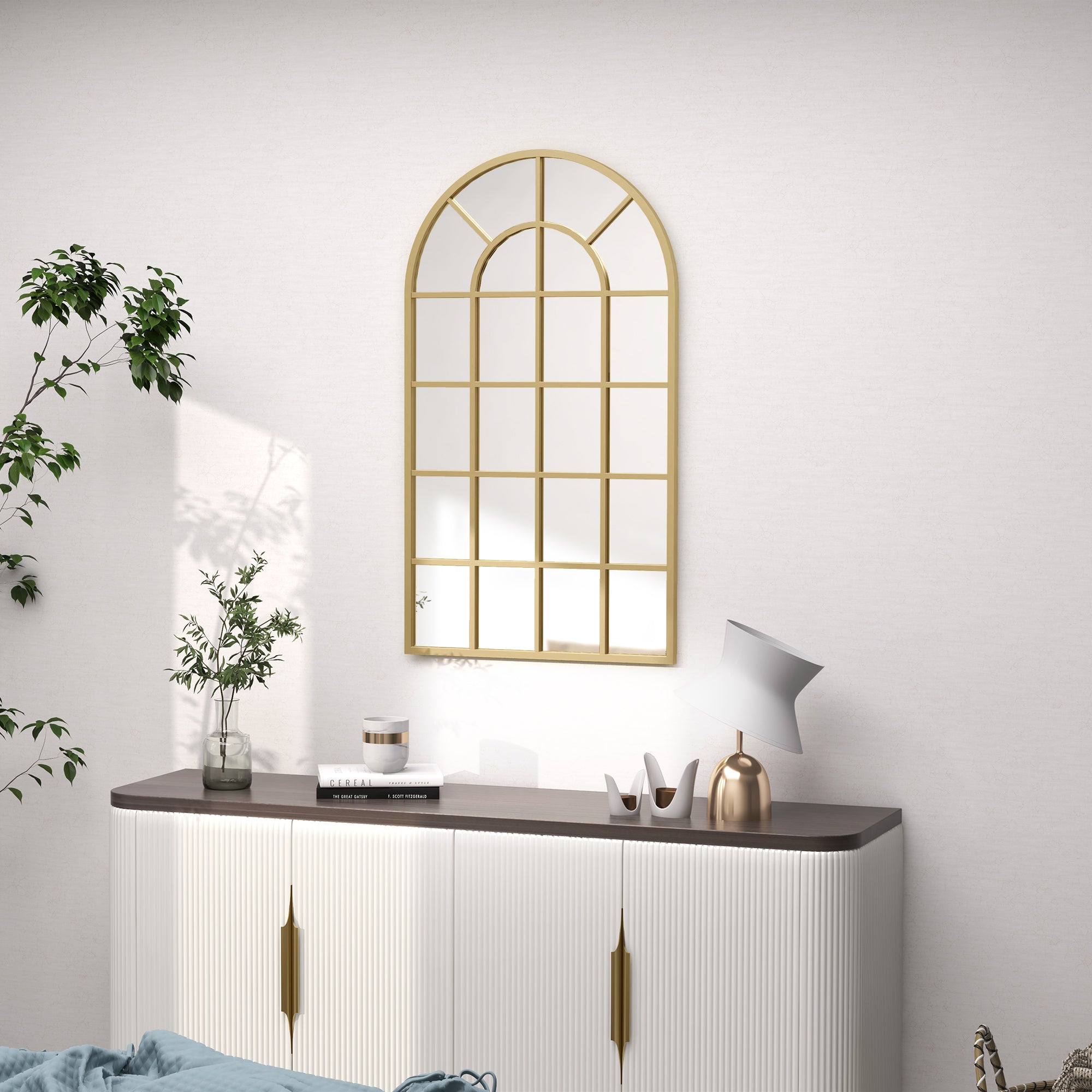 HOMCOM 110 x 65 cm Arched Decorative Wall Mirror for Bedroom Living Room, Modern Window Bathroom Mirror for Home Decor 