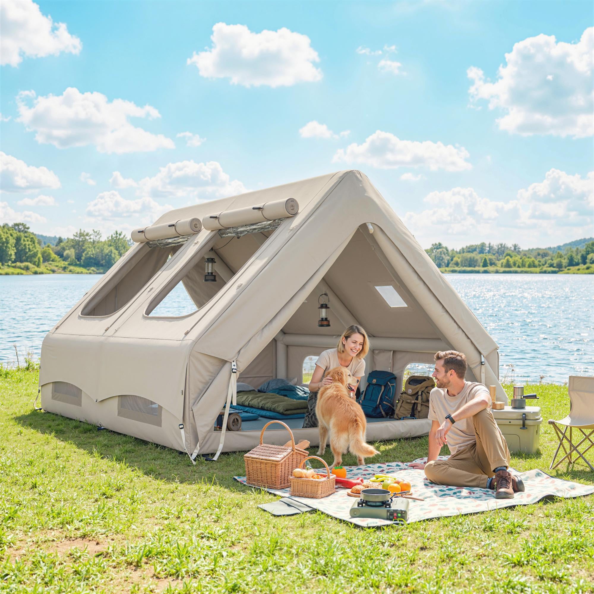 Outsunny Inflatable Camping Tent, 4 Season Hot Tent 10000mm Waterproof with Chimney Opening, Sky Light and Air Pump, Khaki 