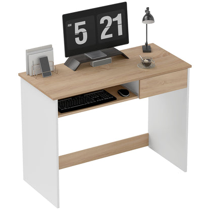 HOMCOM Compact Computer Desk with Keyboard Tray, Home Office Desk with Drawer for Bedroom Study, Oak 