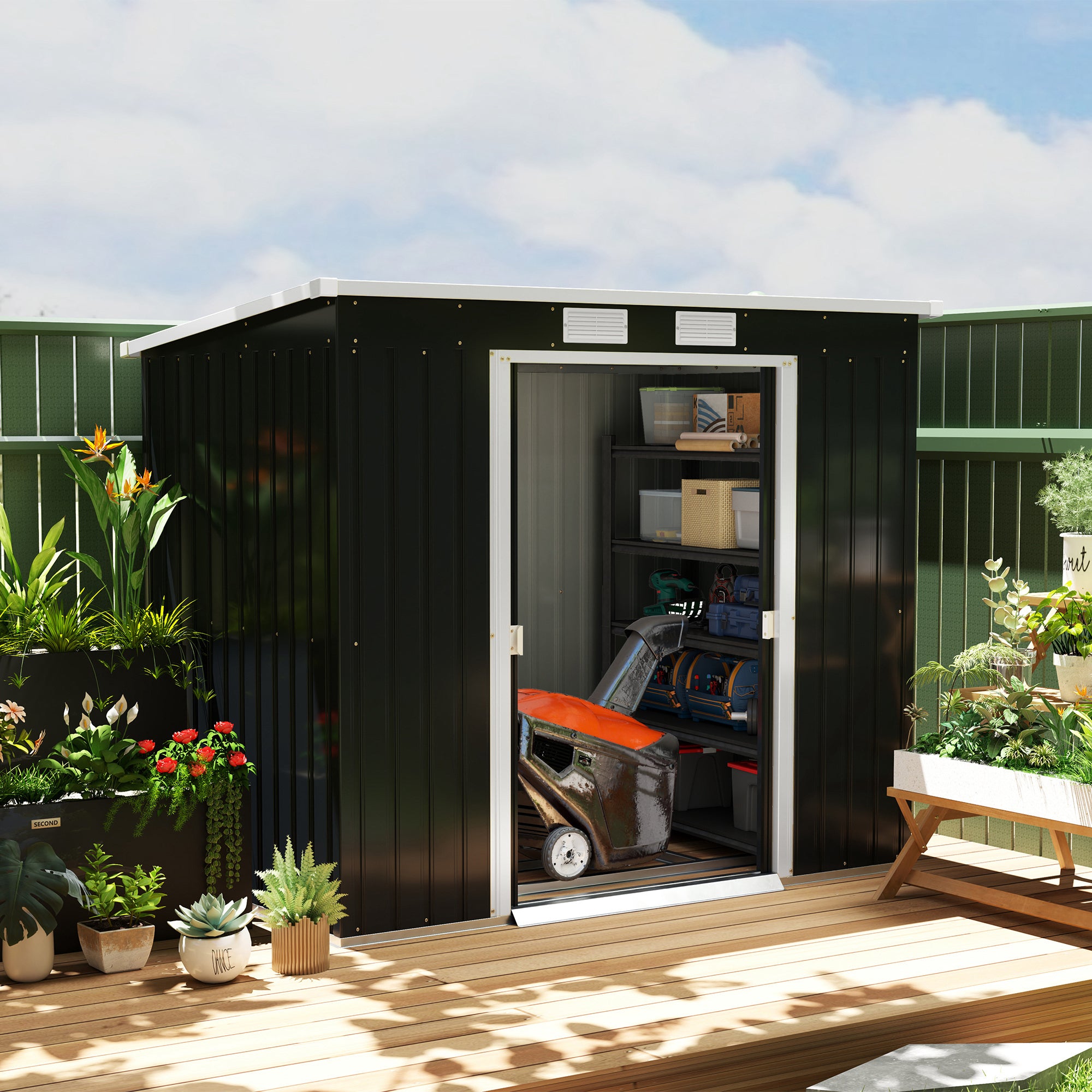 Outsunny 7 x 4ft Galvanised Steel Garden Shed, with Foundation Kit - Dark Grey
