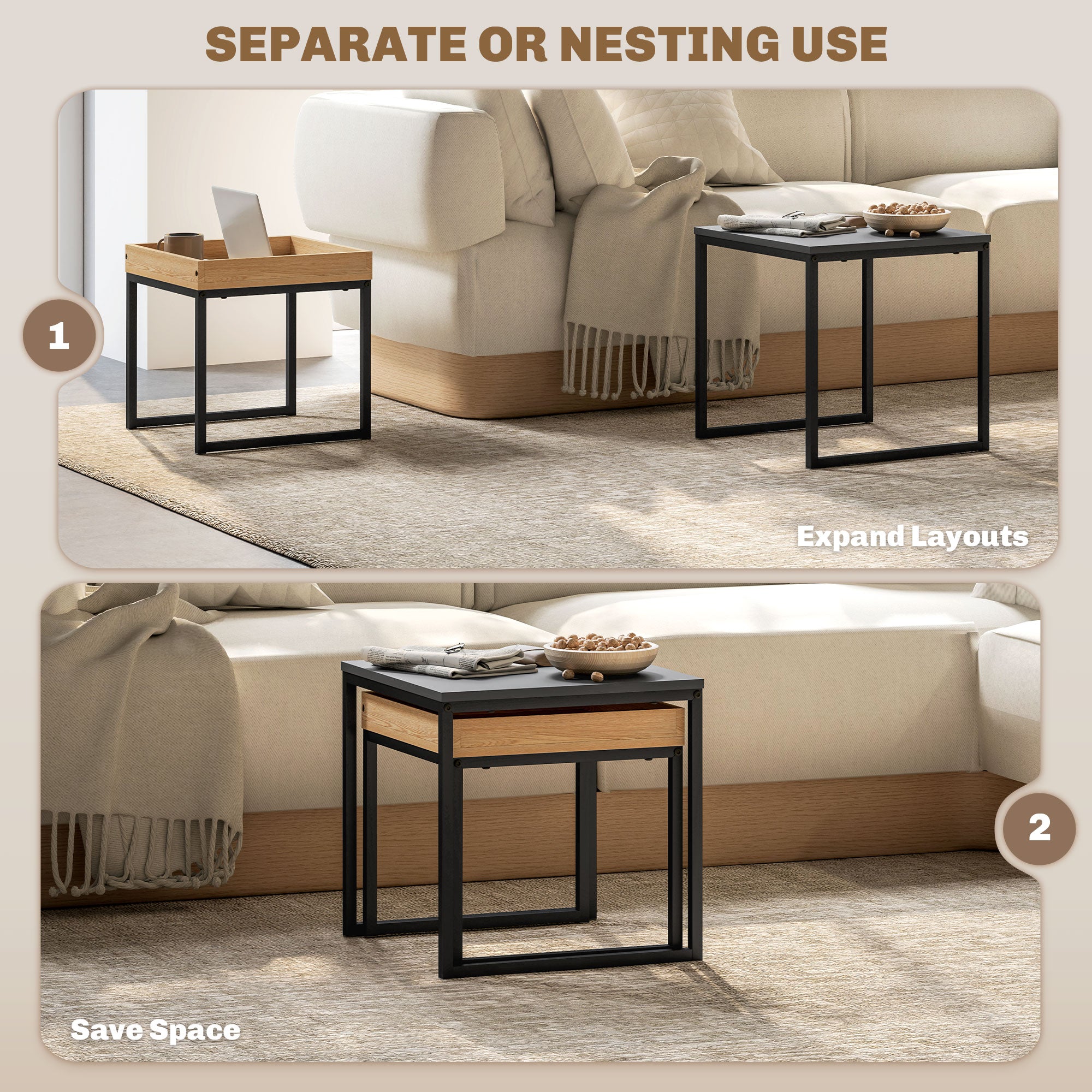 HOMCOM Set of Two Boxy Nesting Tables - Black/Wood-Effect 