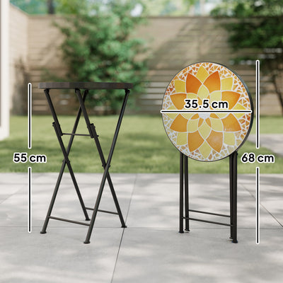 Outsunny Mosaic Outdoor Garden Table, 35.5cm Round Folding Coffee Table with Metal Frame for Balcony Terrace, Yellow 