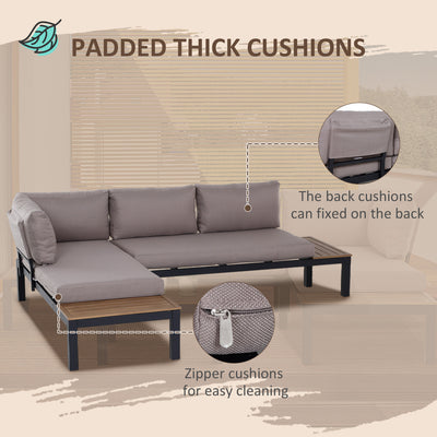 Outsunny 3 Pieces Garden Furniture Set, Aluminium 4 Seater Corner Sofa Set with 2 Loveseats, Coffee Table and Side Trays, Outdoor Conversation Furniture with Cushions for Garden, Black 