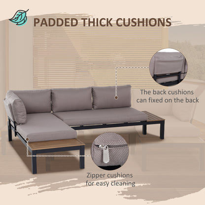 Outsunny 3 Pieces Garden Furniture Set, Aluminium 4 Seater Corner Sofa Set with 2 Loveseats, Coffee Table and Side Trays, Outdoor Conversation Furniture with Cushions for Garden, Black 