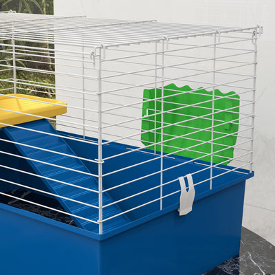 PawHut Chinchillas Small Rabbit Guinea Pig Small Animal Cage, Pet Playhouse, with Platform, Ramp, 71 x 46 x 47cm, Blue 
