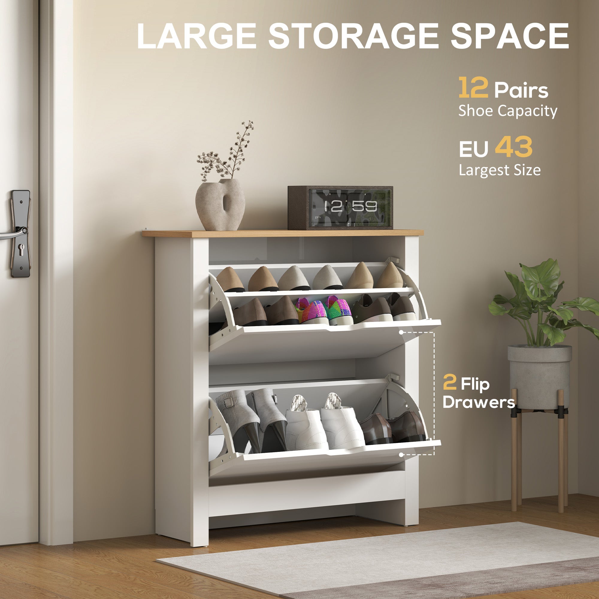 HOMCOM Slim Shoe Cabinet, Narrow Shoe Cupboard with 2 Flip Drawers, Adjustable Shelves for 12 Pairs of Shoes, High Gloss White 