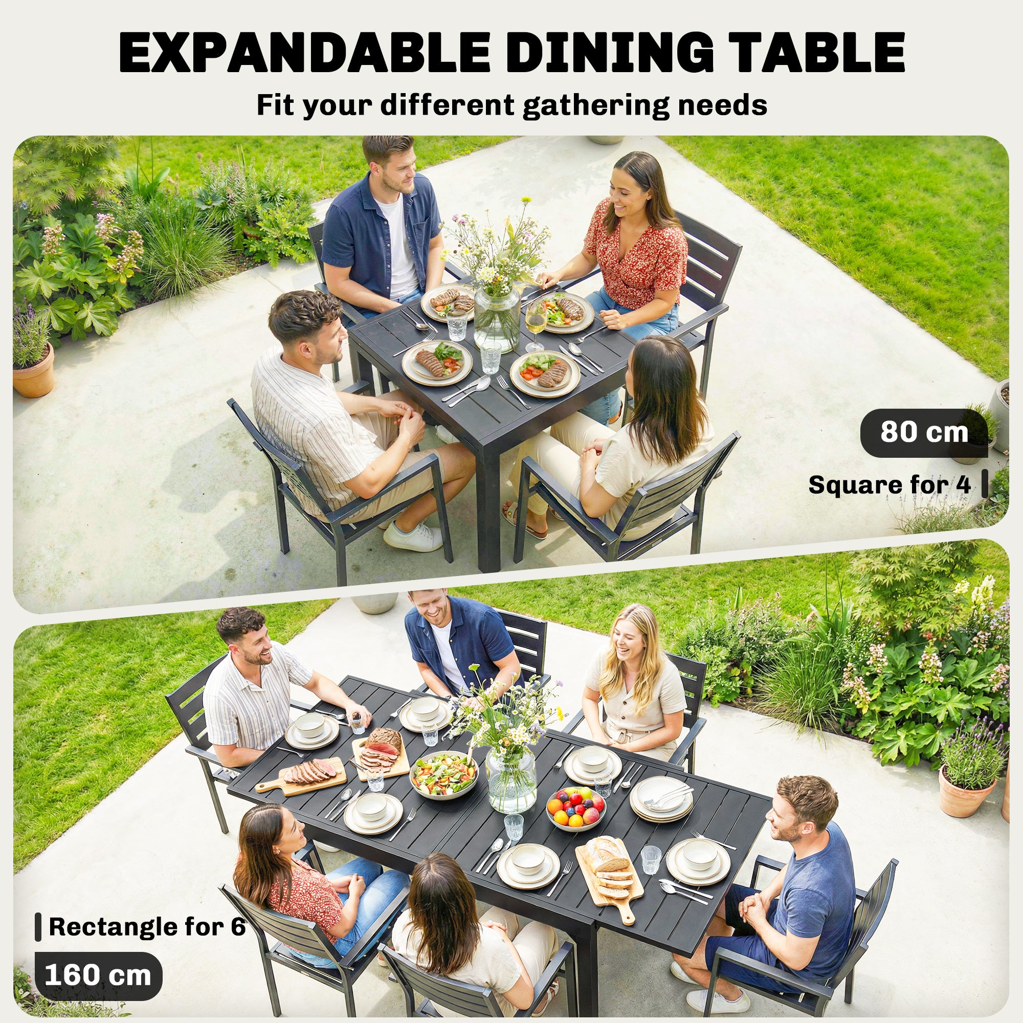 Outsunny Expandable Patio Dining Table for 4-6 People, 80-160 cm Aluminium Extendable Outdoor Patio Table with Slatted Top, Black 