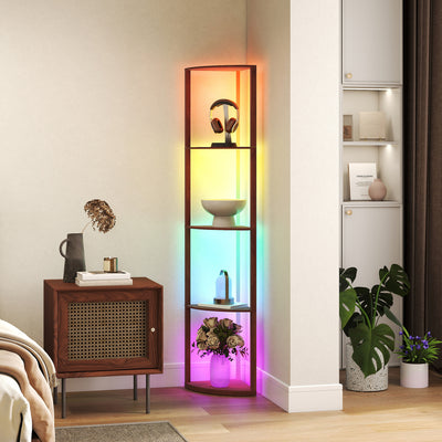 HOMCOM RGB LED Floor Lamp with Shelves, 5-Tier Dimmable Standing Lamp with Adjustable Brightness and Remote Control, Modern Corner Display Shelf Unit for Living Room Bedroom Office, Brown 