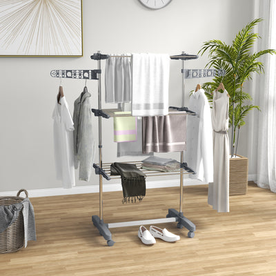 HOMCOM Three-Shelf Collapsing Clothes Horse, With Side Arms and Wheels - Grey 