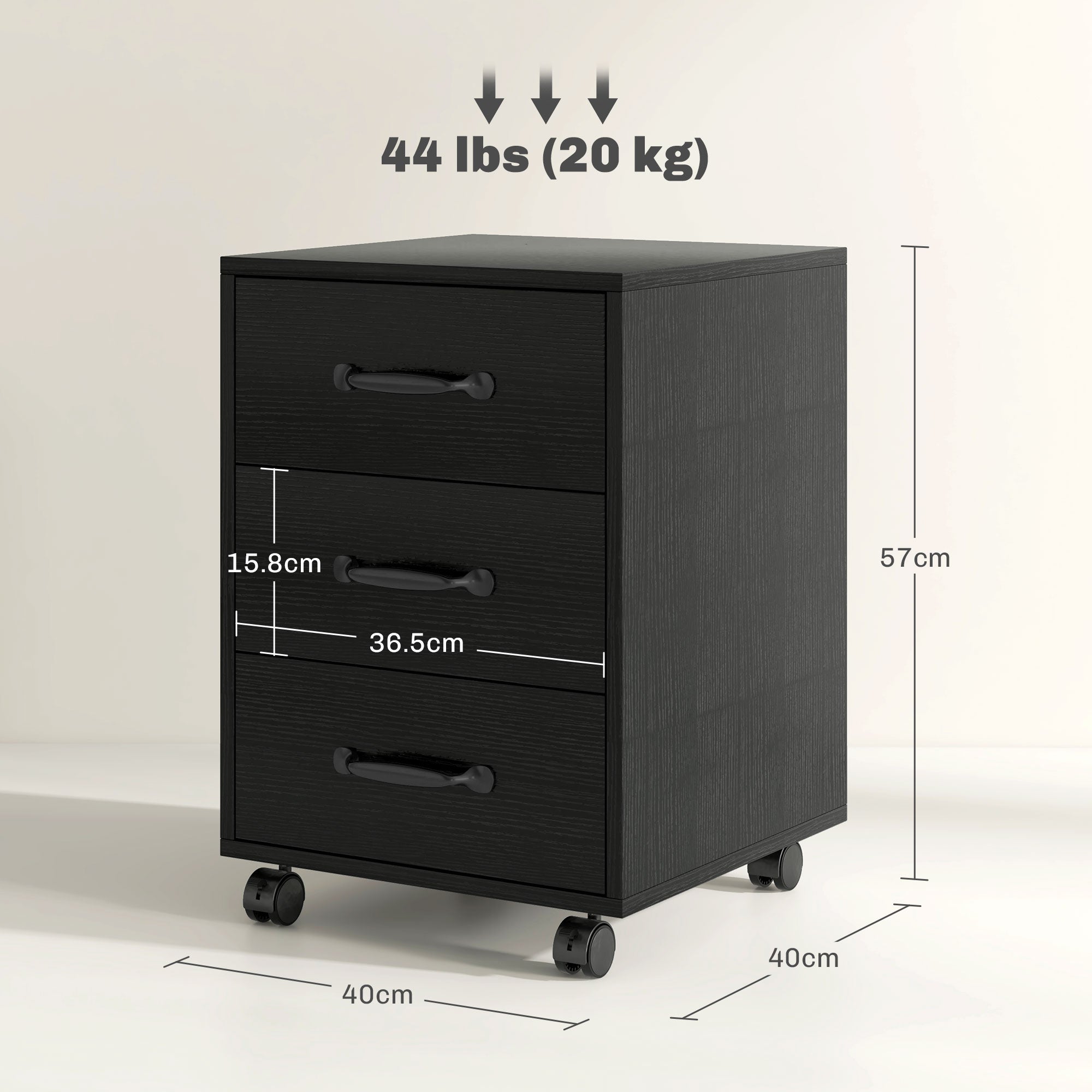 HOMCOM 3 Drawer File Cabinet, Mobile Filing Cabinet on Wheels for Home Office, Study, Black 