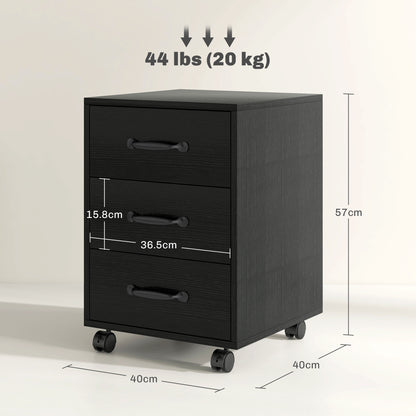 HOMCOM 3 Drawer File Cabinet, Mobile Filing Cabinet on Wheels for Home Office, Study, Black 