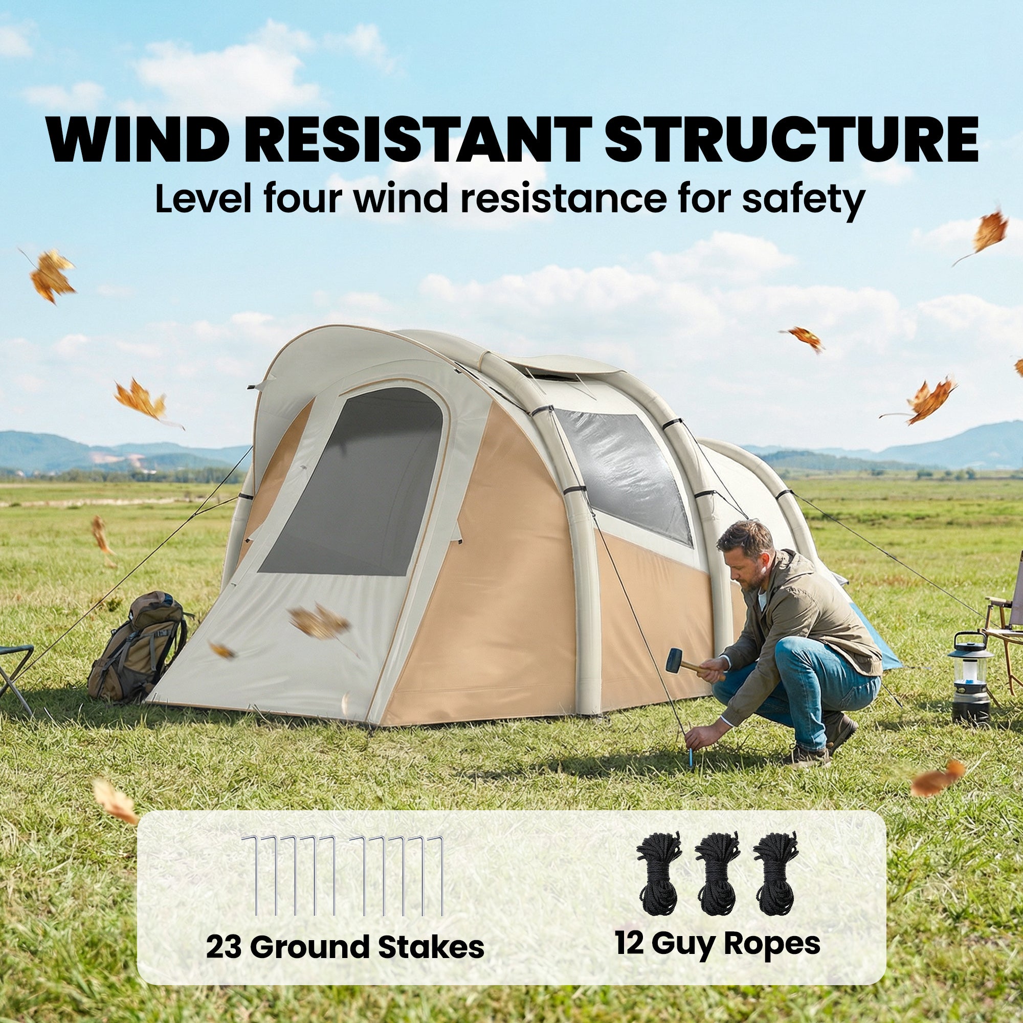 Outsunny Inflatable Camping Tent w/ Air Pump, Easy Setup 2-3 Person Blow Up Tent, Khaki 