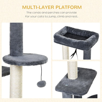PawHut 100cm Cat Tree for Indoor Cats, Cat Tower Condo for Kittens with Cat House Sisal Scratching Posts, Hanging Ball Toys, Perches - Grey 