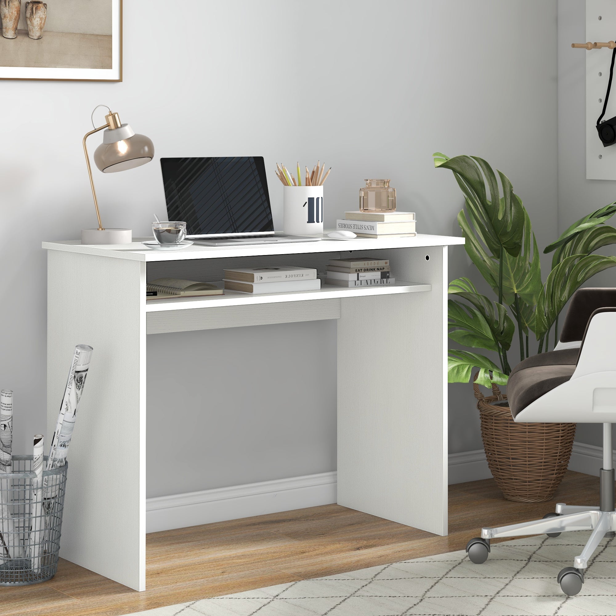 HOMCOM Modern Computer Desk, Home Office Table, Small Writing Desk with Storage Shelf, 90 x 50cm, White Wood Grain 