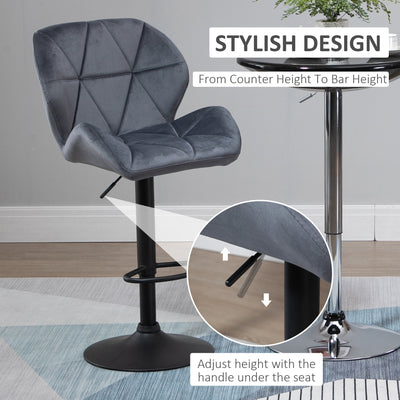 HOMCOM Adjustable Bar Stools Set of 2, Armless Upholstered Swivel Counter Chairs, Barstools with Back, Footrest, Dark Grey 