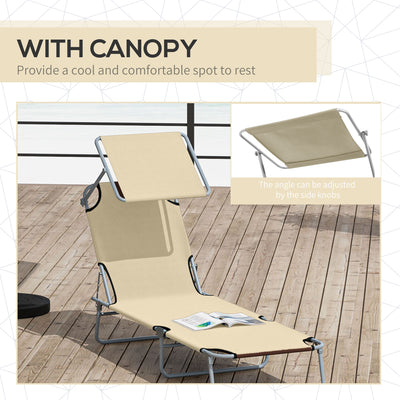 Outsunny 2 Pieces Outdoor Foldable Sun Lounger, 4 Level Adjustable Backrest Reclining Sun Lounger Chair with Angle Adjust Sun Shade Awning for Beach, Garden, Patio, Beige 