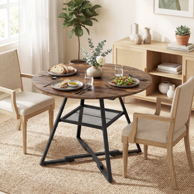 HOMCOM Dining Table for 4 People, 100 cm Round Industrial Kitchen Table with Storage Shelf, Rustic Brown 
