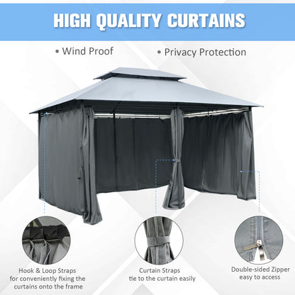 Outsunny 4m x 3(m)Garden Gazebo, Double Roof Outdoor Gazebo Canopy Shelter with Curtains, Solid Steel Frame for Lawn and Deck, Grey 