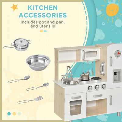 HOMCOM Kids Wooden Pretend Play Toy Kitchen Cooking Set Role Play Phone for Boys Girls White 