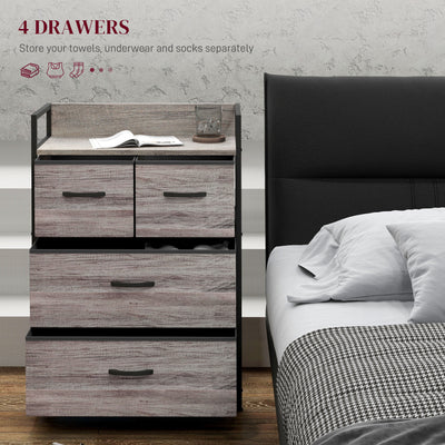 HOMCOM Rustic Chest of Four Fabric Drawers - Grey Wood Effect 