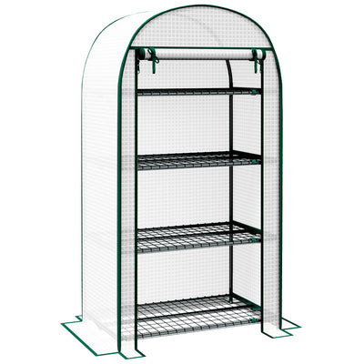 Outsunny 4 Tier Mini Greenhouse for Outdoor, Portable Gardening Plant Green House with Storage Shelf, Roll-Up Zipped Door, Metal Frame and PE Cover, 80 x 49 x 160cm, White 