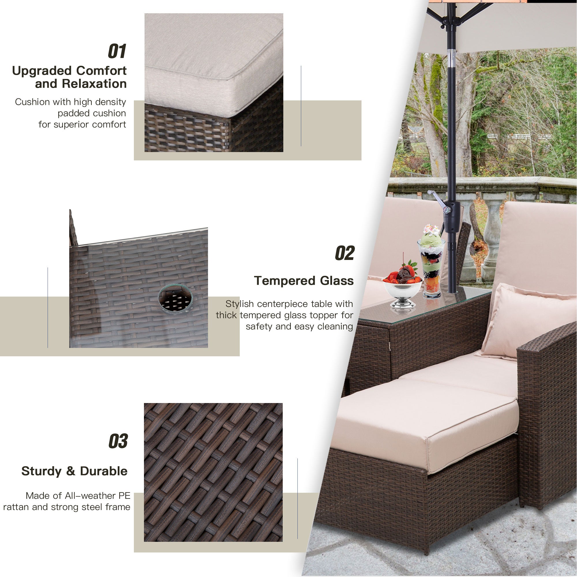 Outsunny 2-Seater Rattan Sofa Lounger Set-Brown 
