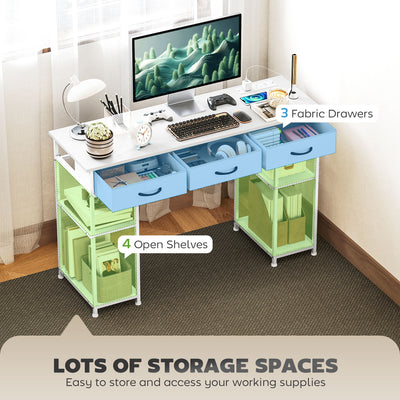 HOMCOM 120cm Computer Desk with Power Outlets, Office Desk Study Table with 3 Fabric Drawers and 4 Storage Shelves, White 