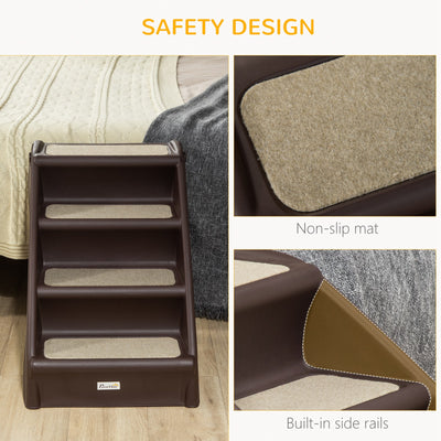 PawHut Foldable Four-Step Pet Stairs, for Cats, Small Miniature Dogs, with Non-Slip Mats 62 x 38 x 49.5cm - Brown 