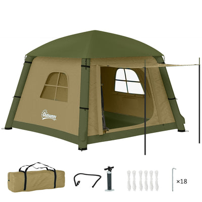 Outsunny Inflatable Camping Tent w/ Hand Pump, Easy Setup 1/2 Person Blow Up Tent Waterproof 190T Taffeta w/ Mesh Windows, Doors and Carry Bag, Brown 