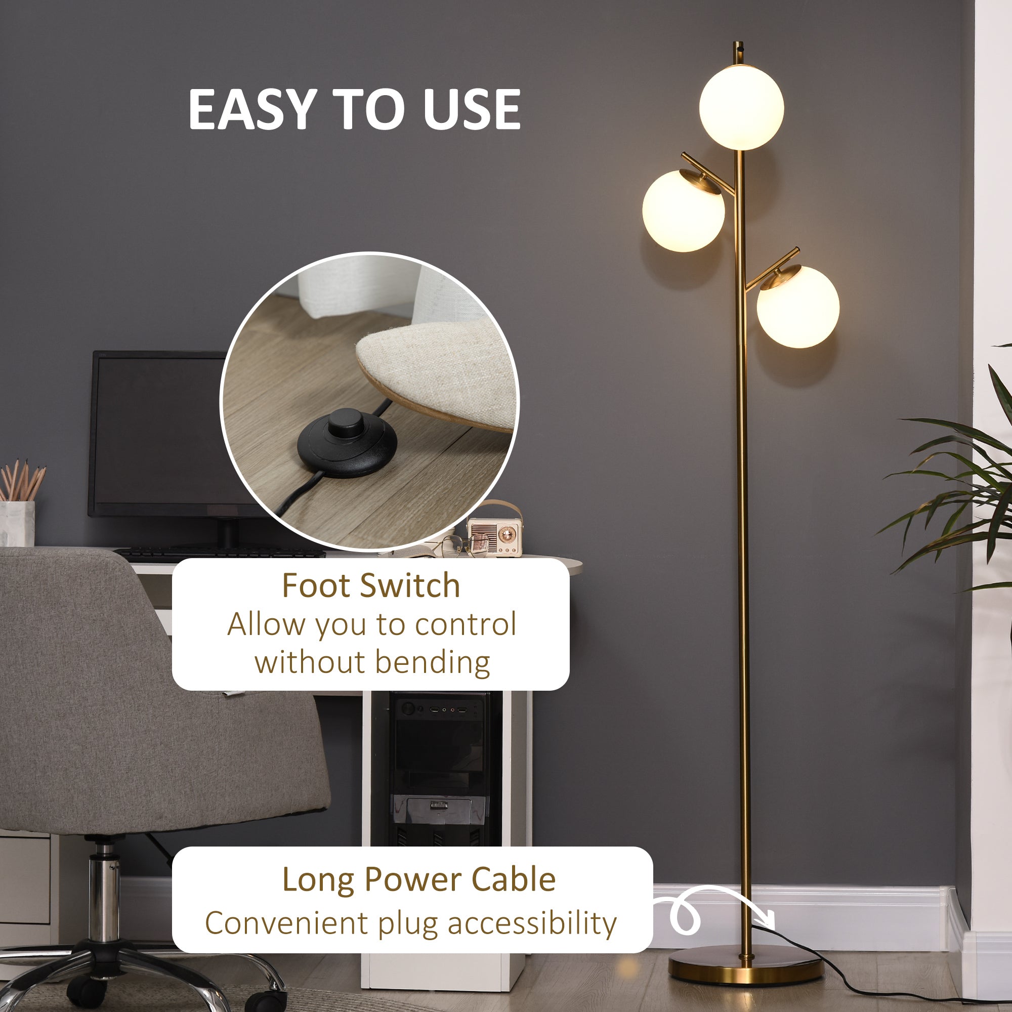 HOMCOM 3-Light Tree Floor Lamps for Living Room, Modern Standing Lamp for Bedroom with Globe Lampshade, Steel Base, Bulb not Included, Gold Tone 