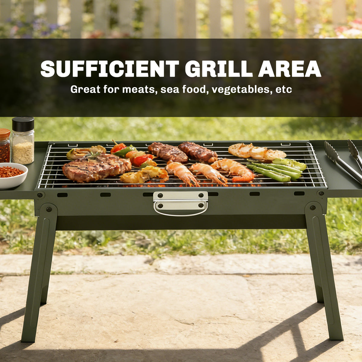 Outsunny Portable BBQ Grill, Foldable Charcoal Grill for Camping and Picnics with 2 Side Shelves and Handle, Green 