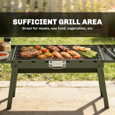 Outsunny Portable BBQ Grill, Foldable Charcoal Grill for Camping and Picnics with 2 Side Shelves and Handle, Green 