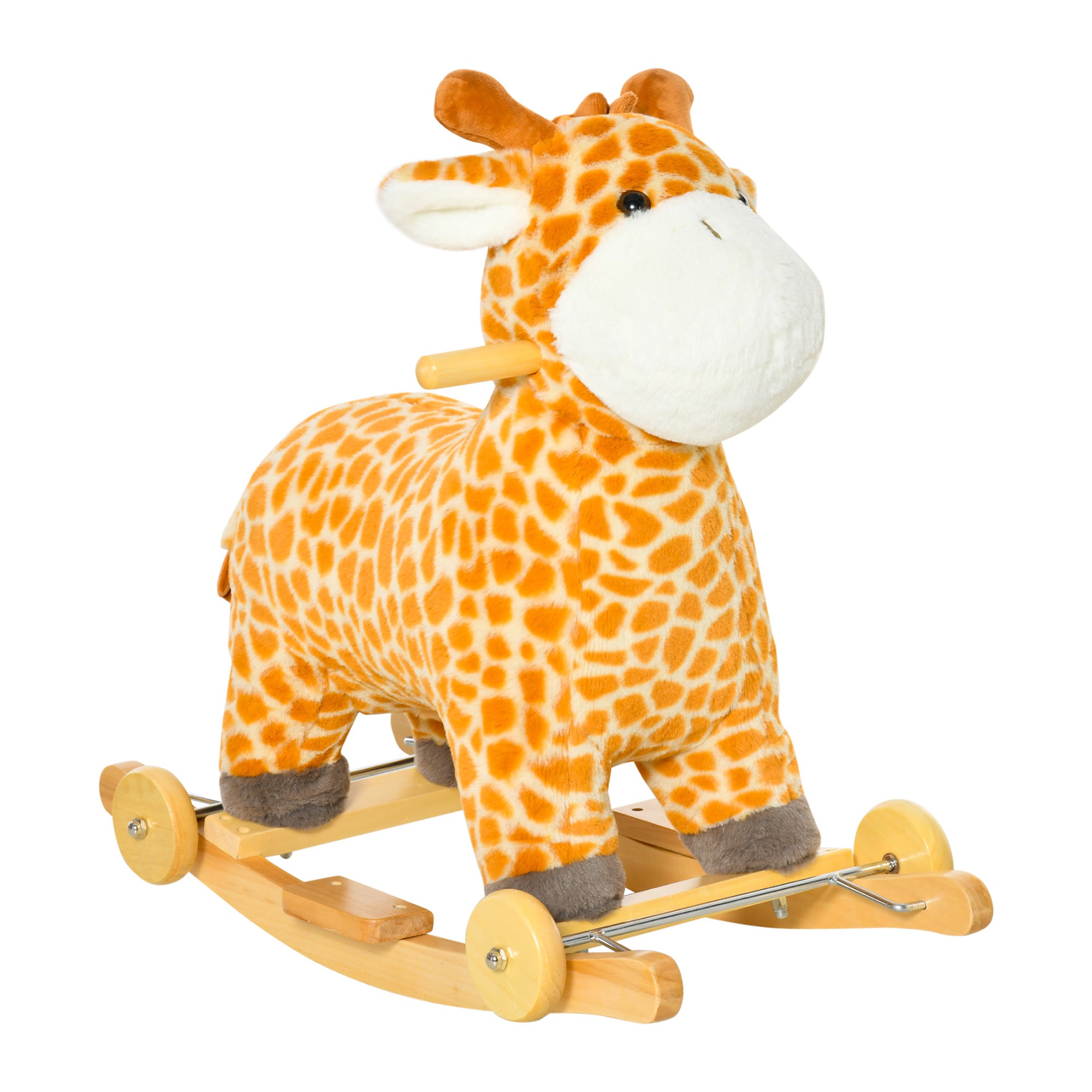 HOMCOM 2 In 1 Kids Todder Rocking Horse Plush Ride On Giraffe Rocker with Wheels Wooden Base Animal Sounds for 3-6 Years 