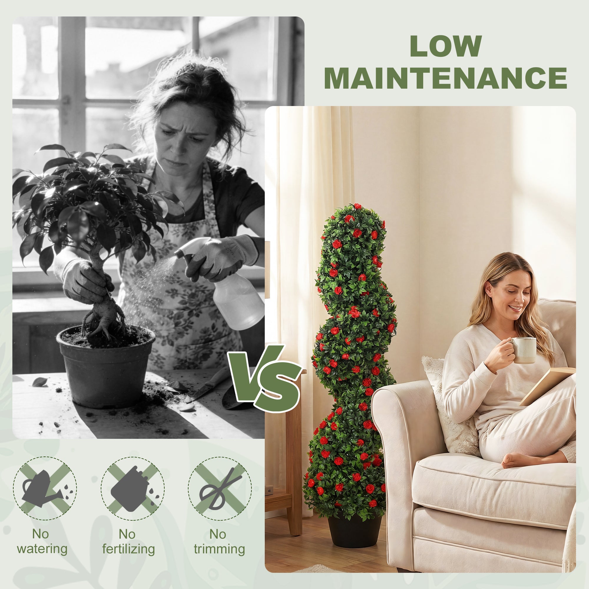 HOMCOM Artificial Rose Spiral Topiary Tree Set of 2, Indoor Outdoor Fake Plants with 630 Leaves, 90cm 