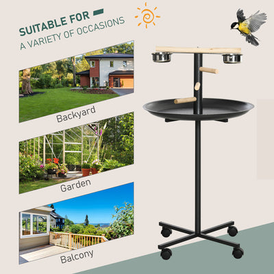 PawHut Metal Bird Table Play Stand, Bird Feeder Station Parrot Perch with Four Wheels Feeding Bowls Round Tray 