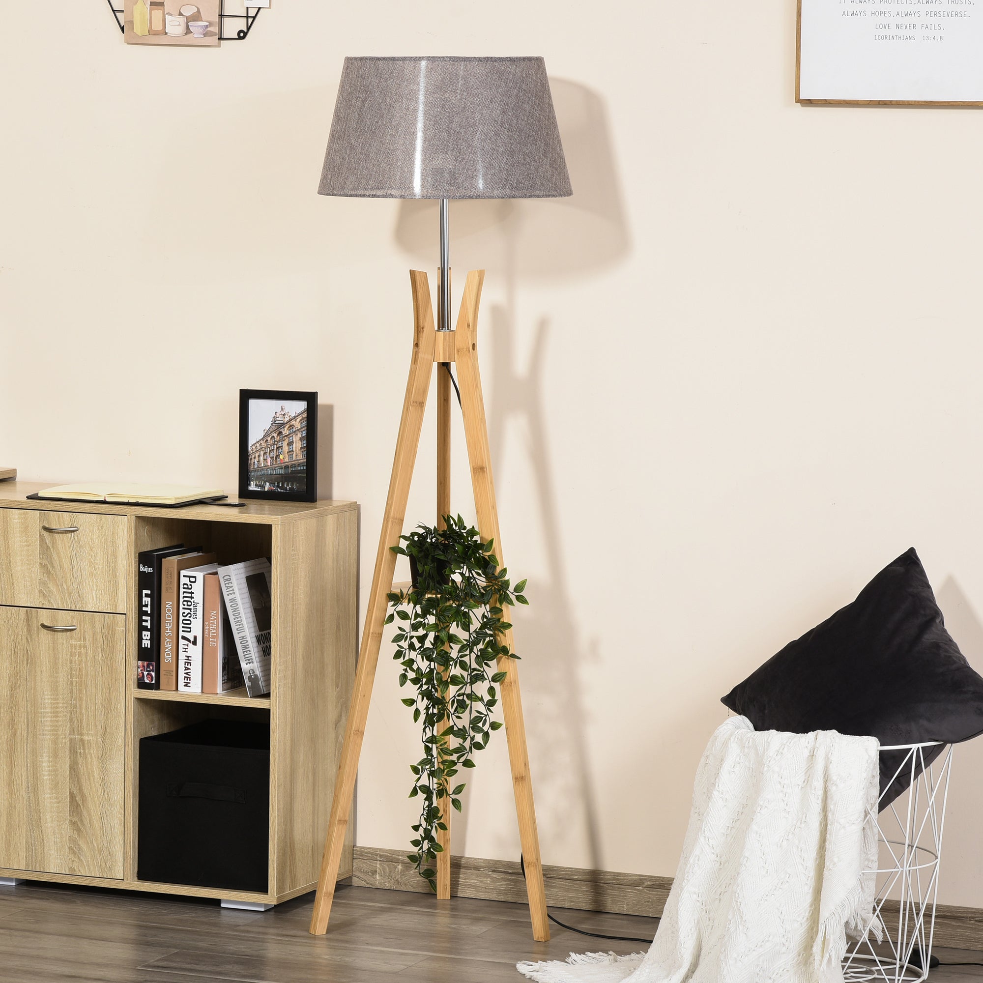 HOMCOM Natural Wood Tripod Floor Lamp Light E27 Base Bedroom Living Room Fabric Shade Storage Shelf Foot Switch, 156cm, Grey 
