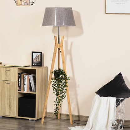 HOMCOM Natural Wood Tripod Floor Lamp Light E27 Base Bedroom Living Room Fabric Shade Storage Shelf Foot Switch, 156cm, Grey 