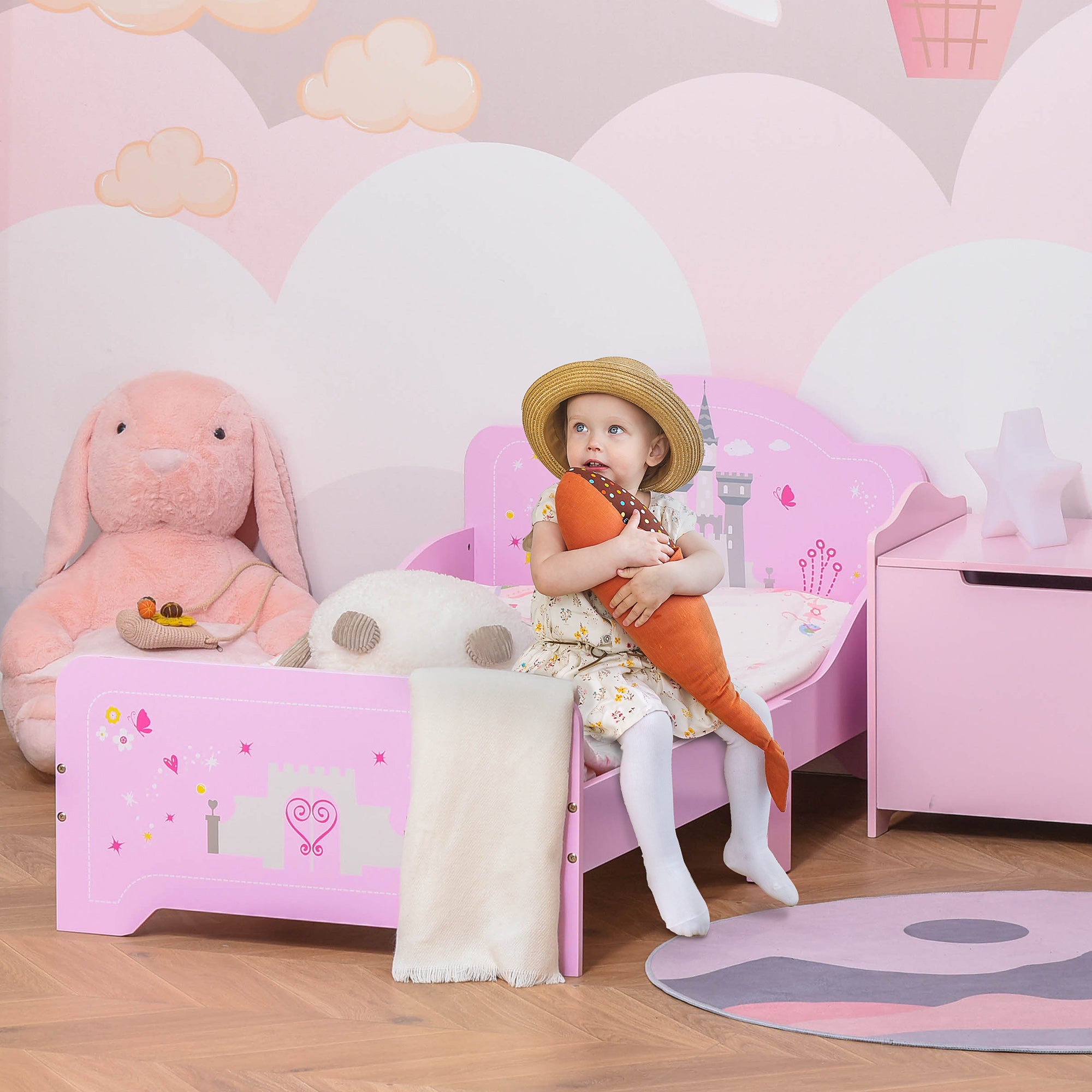 HOMCOM Kids Bed Princess Castle Theme w/ Side Rails Slats Home Furniture for 3 - 6 Yrs Pink 143 x 73 x 60 cm 