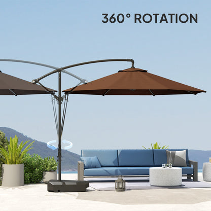 Outsunny 3(m) Garden Cantilever Parasol with Fillable Base, Wind Protection Strap, Cover, Round Banana Hanging Umbrella with Crank Handle and Tilt, Patio Umbrella for Outdoor Sun Shade, UPF50+, Brown 
