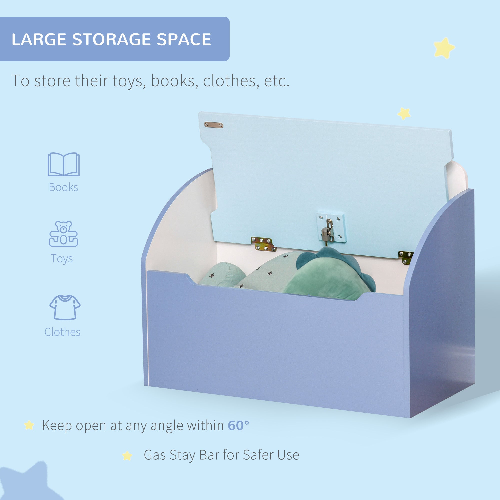 HOMCOM Kids Wooden Toy Box Children Storage Chest Bench Organiser Safety Hinge Bedroom Playroom Furniture Blue 