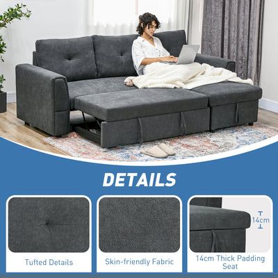 HOMCOM 3 Seater Sofa Bed, L Shaped Pull Out Sofa Bed with Storage, Convertible Click Clack Settee Sectional Sleeper Futon for Living Room, Office, Dark Grey 