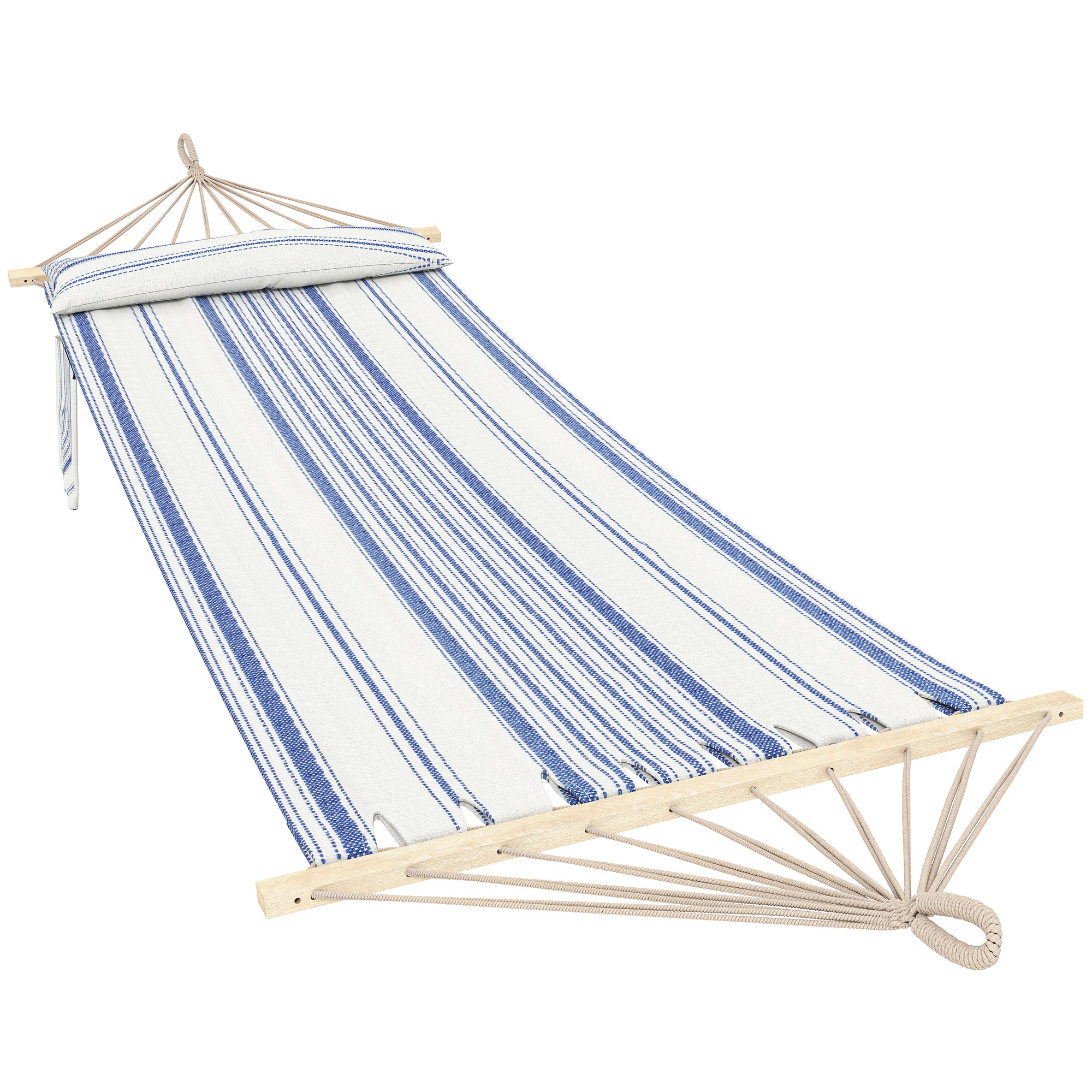 Outsunny Cotton Hammock, Soft Portable Swing Sleeping w/ Headrest & Side Pocket, Blue and White 