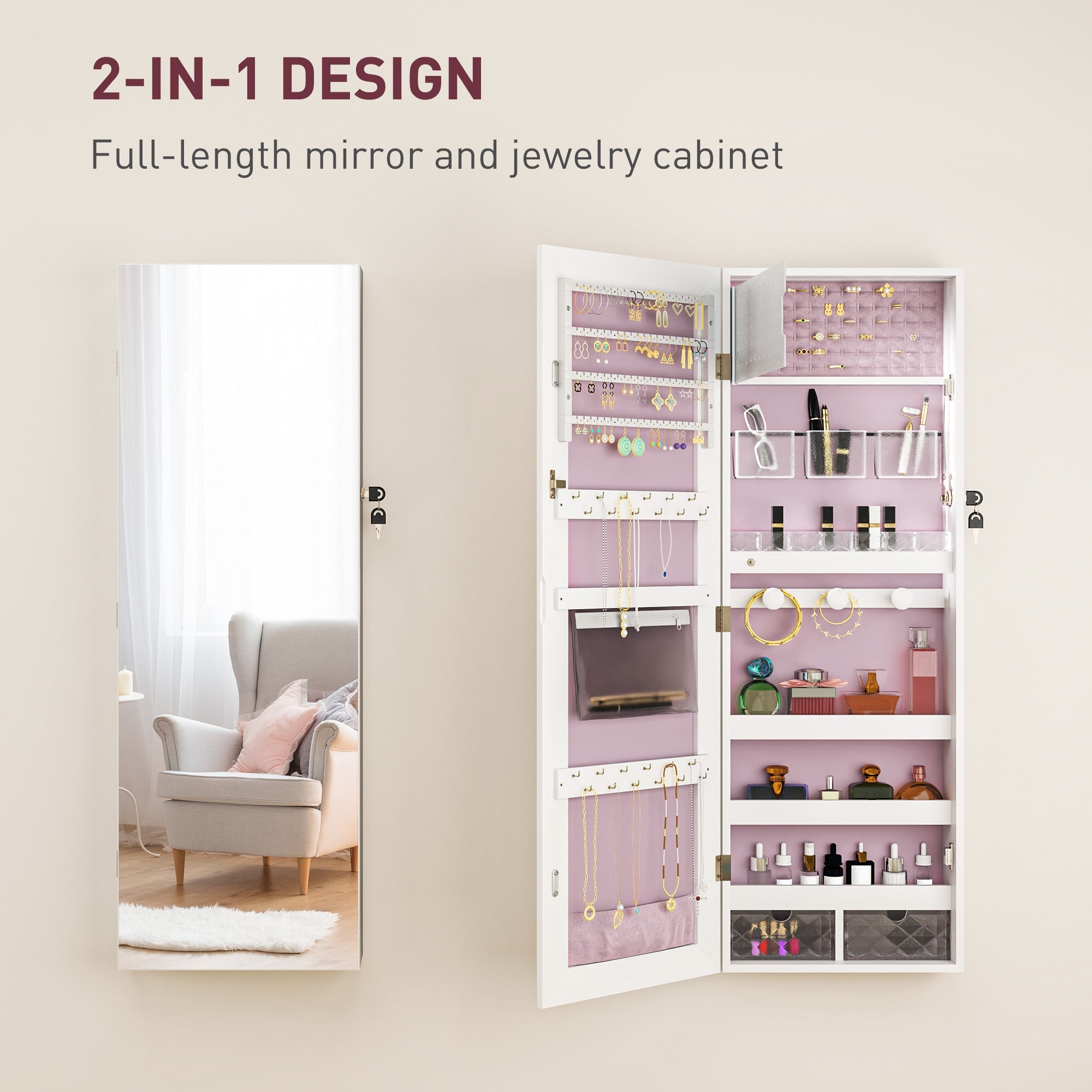 HOMCOM 108 x 37cm Lockable Jewellery Cabinet, with LED Lights - White Surface and Pink Lining 