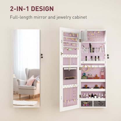 HOMCOM 108 x 37cm Lockable Jewellery Cabinet, with LED Lights - White Surface and Pink Lining 