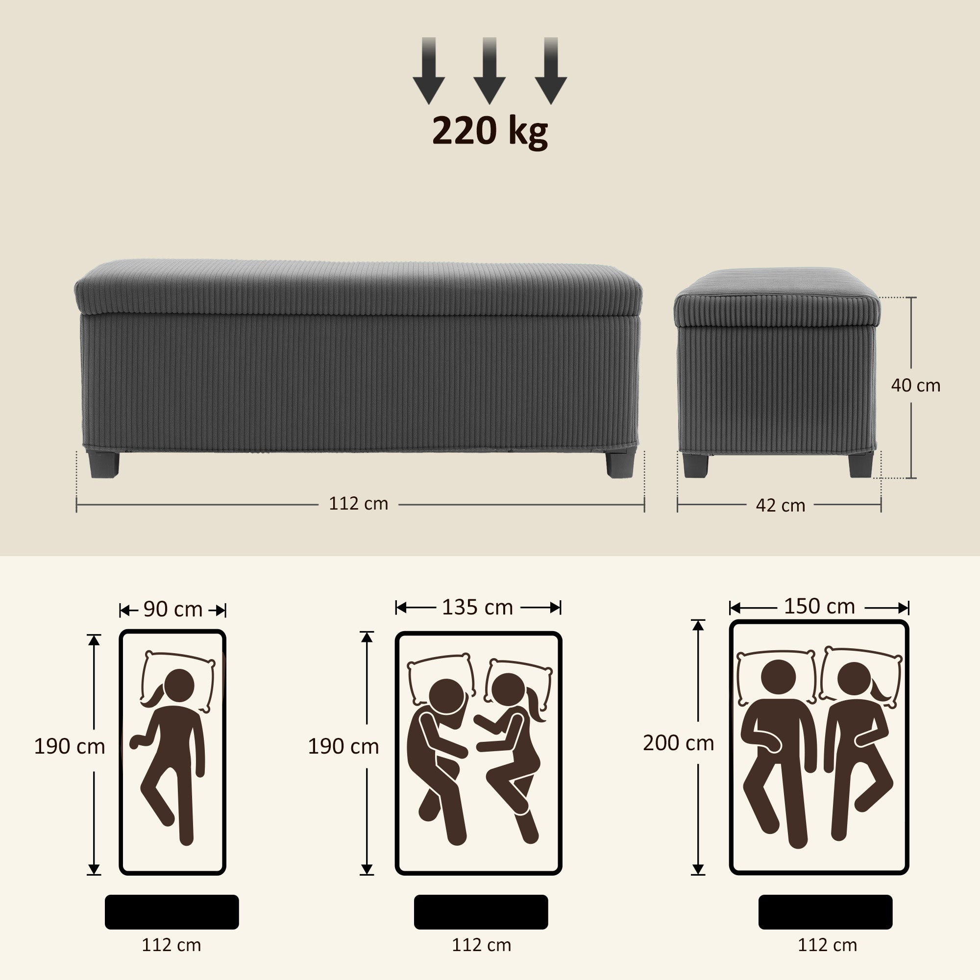 HOMCOM Storage Ottoman Bench, Corduroy Footstool with Removable Lid and Legs, 112cm Storage Chest Box for Living Room, Bedroom, Hallway, Grey 