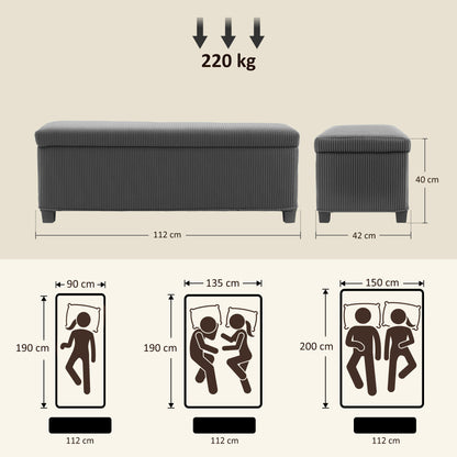 HOMCOM Storage Ottoman Bench, Corduroy Footstool with Removable Lid and Legs, 112cm Storage Chest Box for Living Room, Bedroom, Hallway, Grey 